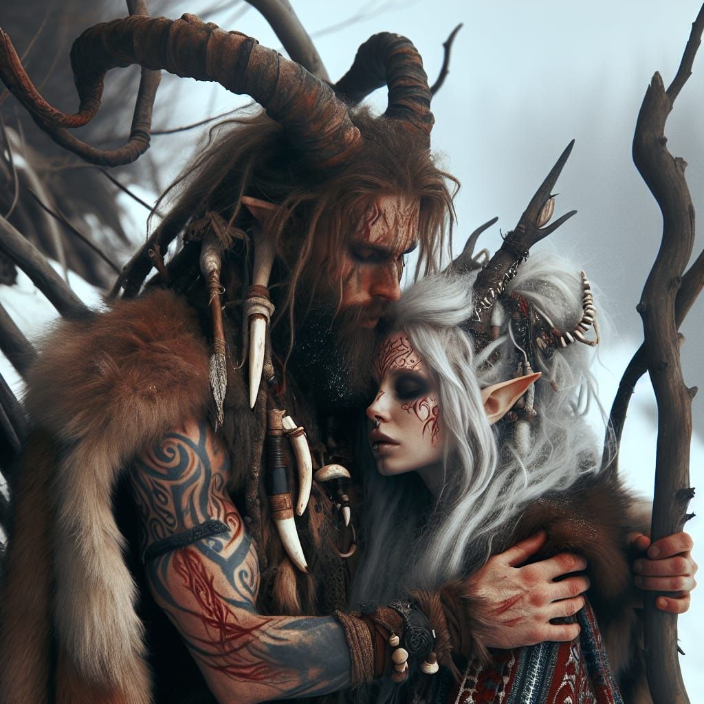 Romantic Forest Deity and Elven Scout in Winter