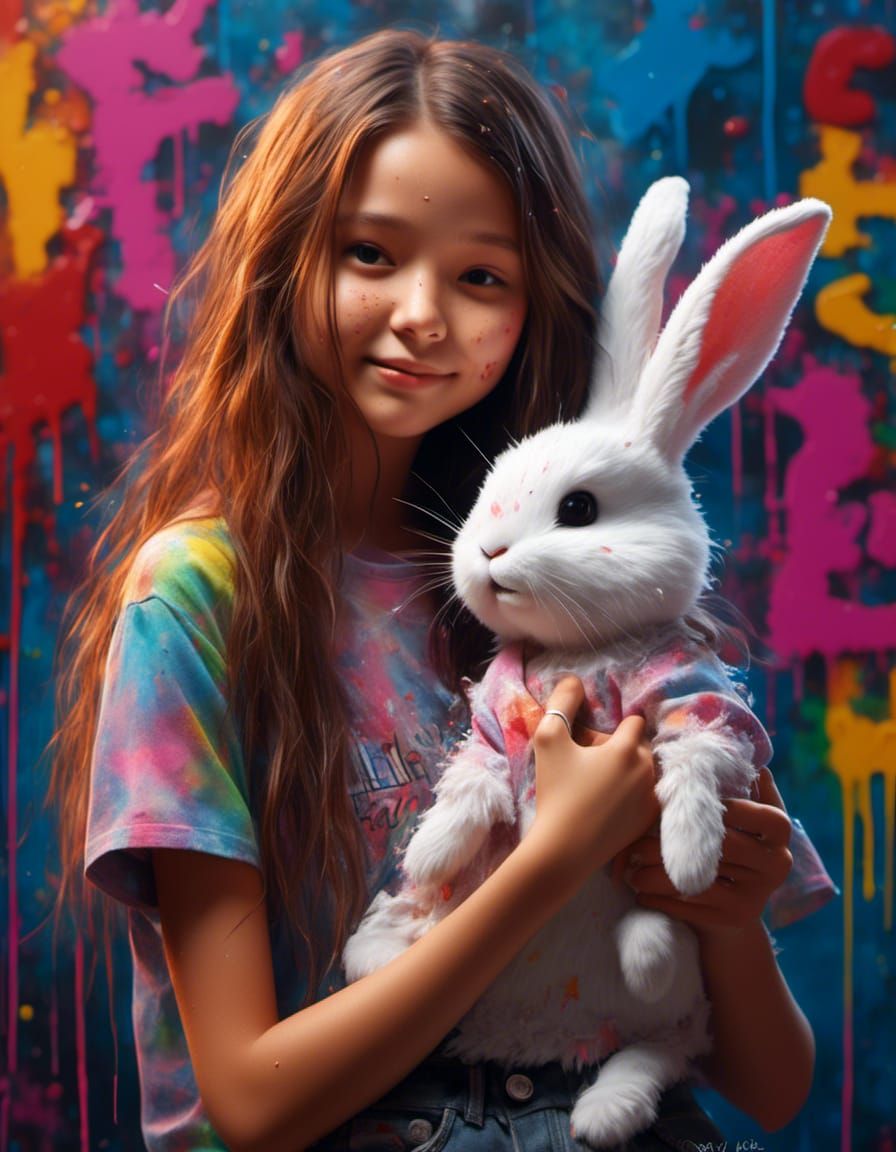 Cute Girl Holding Bunny in Hyperrealistic Graffiti Art