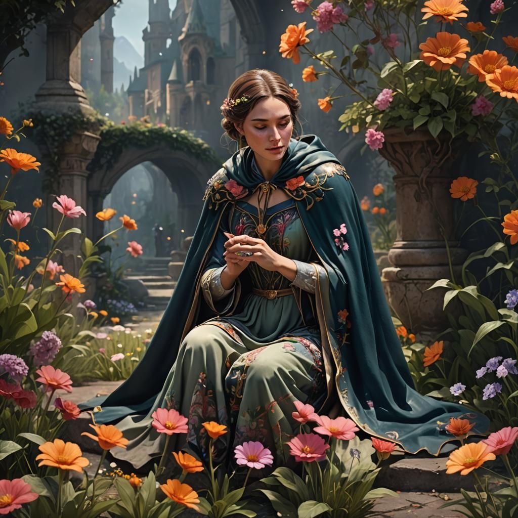 Woman Smelling Flower in Detailed Matte Painting