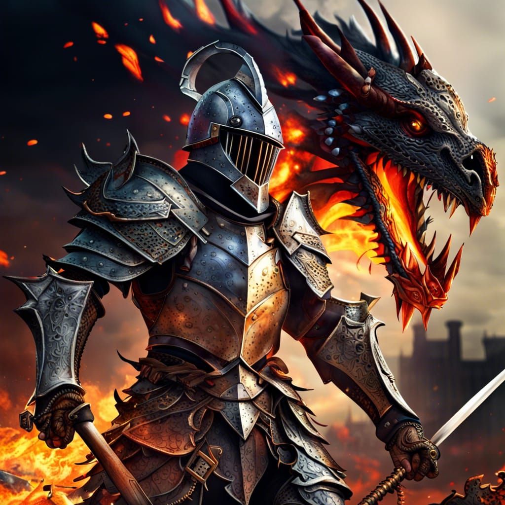 Hyperrealistic Knight in Dragon Battle Scene