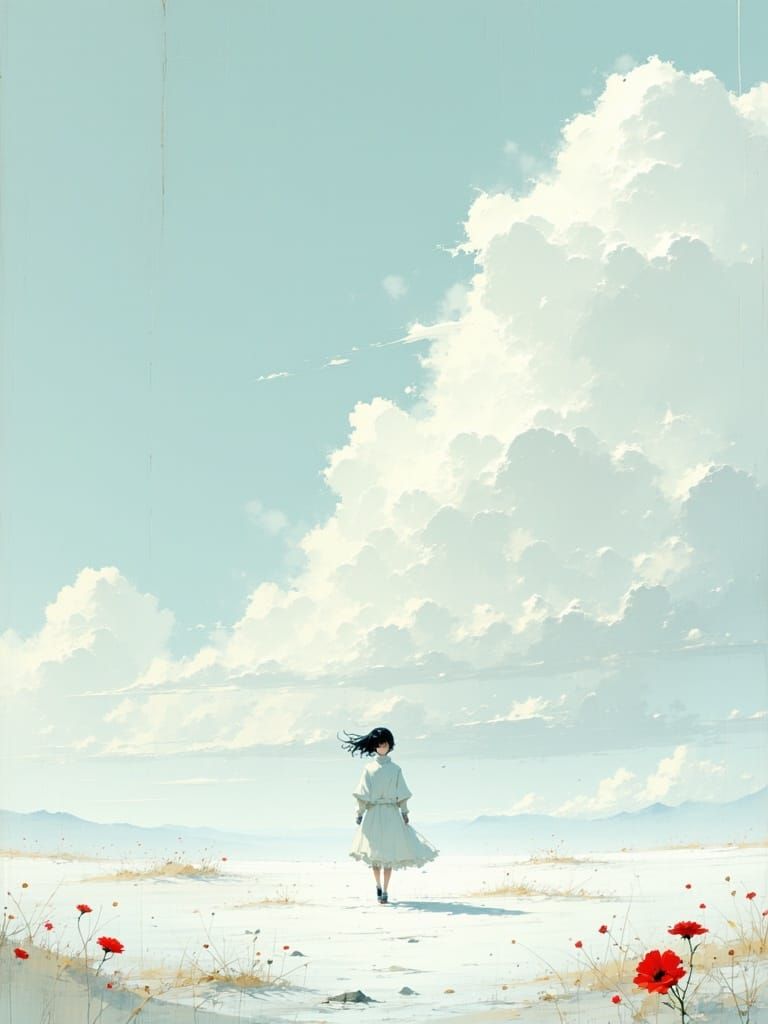 Lone Figure in Snowy Field with Red Flower