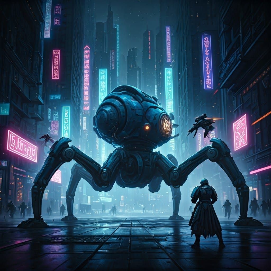 Cyberpunk Warriors Battle Mechanical Beast in Neon-Lit Citys...