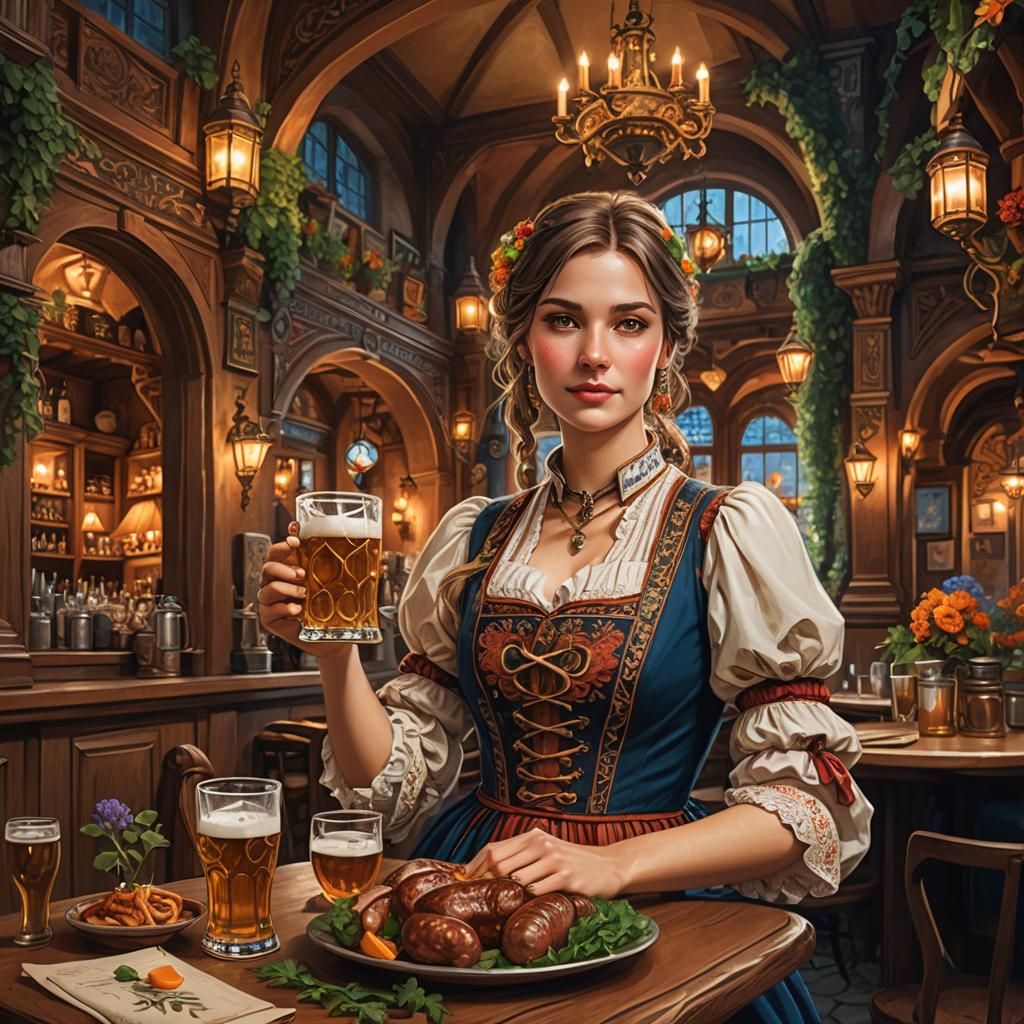 Fantasy Restaurant Scene with Woman in German Attire