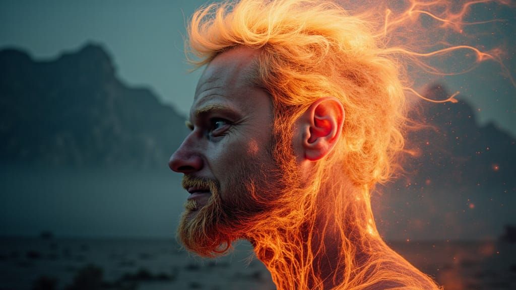 Lava Face in Watercolour Double Exposure