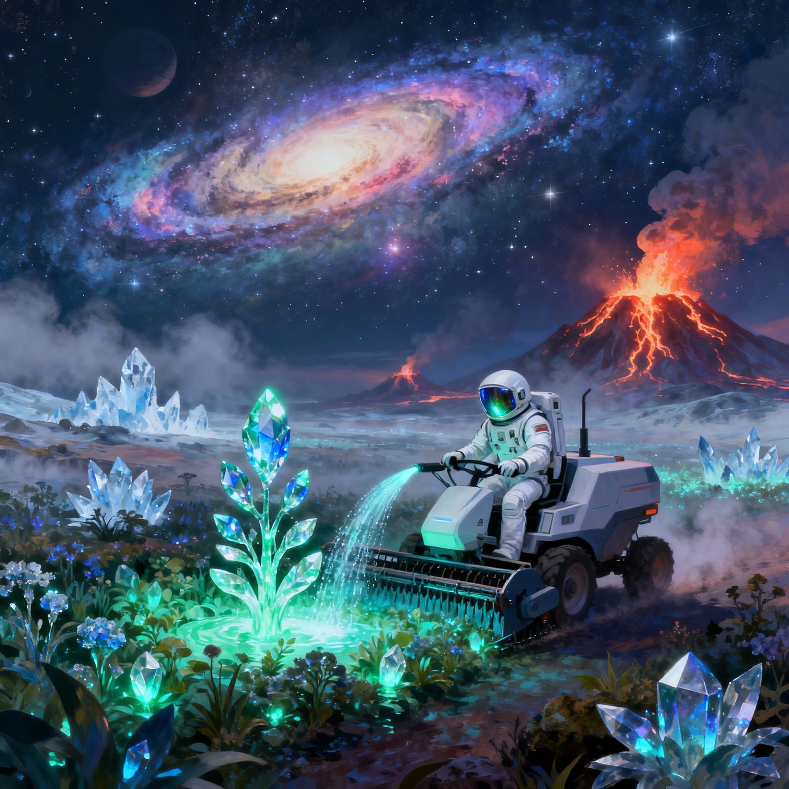 Astronaut Tends Bioluminescent Garden on Alien Planet