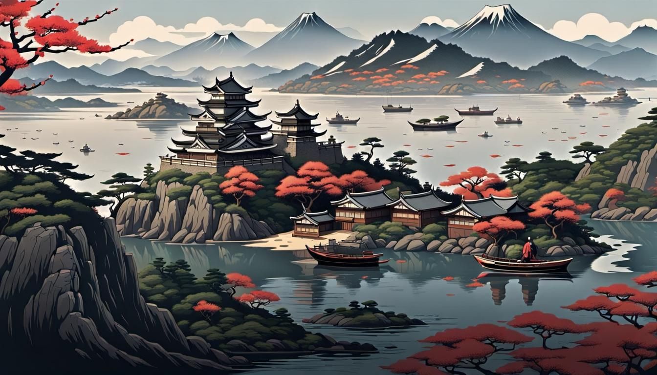 Samurai Castle on Island in Silkscreen Style