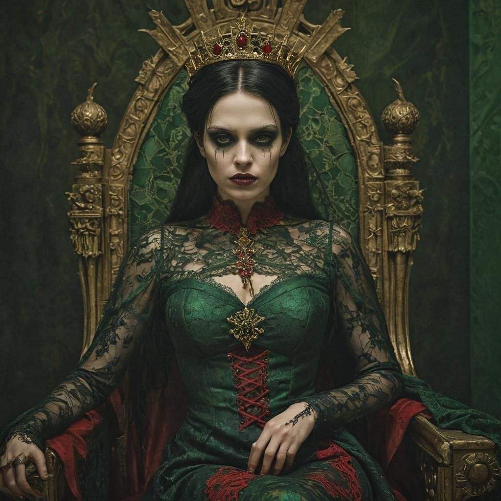 Elegant Undead Queen in Golden Throne Room