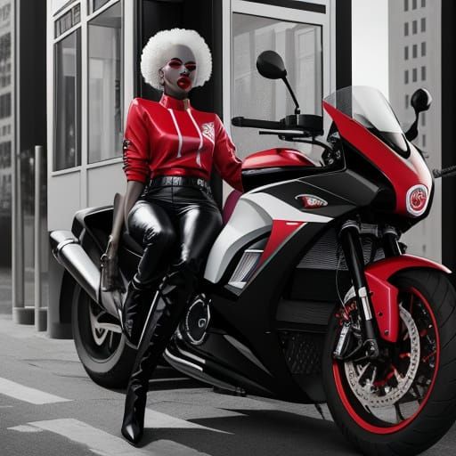 Albino Woman with Red Accents in Black and White