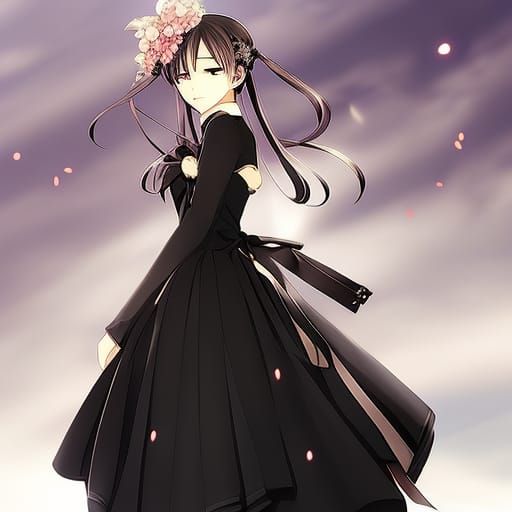 Anime Girl in Elegant Black Prom Dress