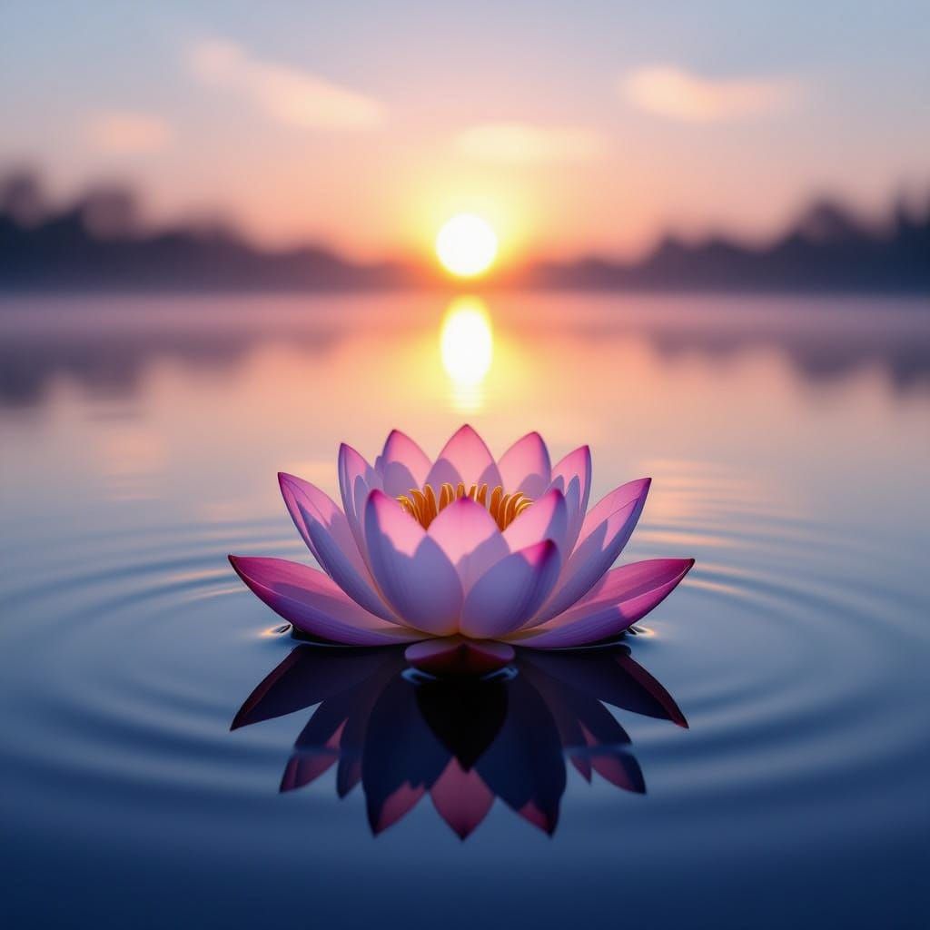 Lotus Flower Rises from Indigo Waters in Rose-Gold Dawn