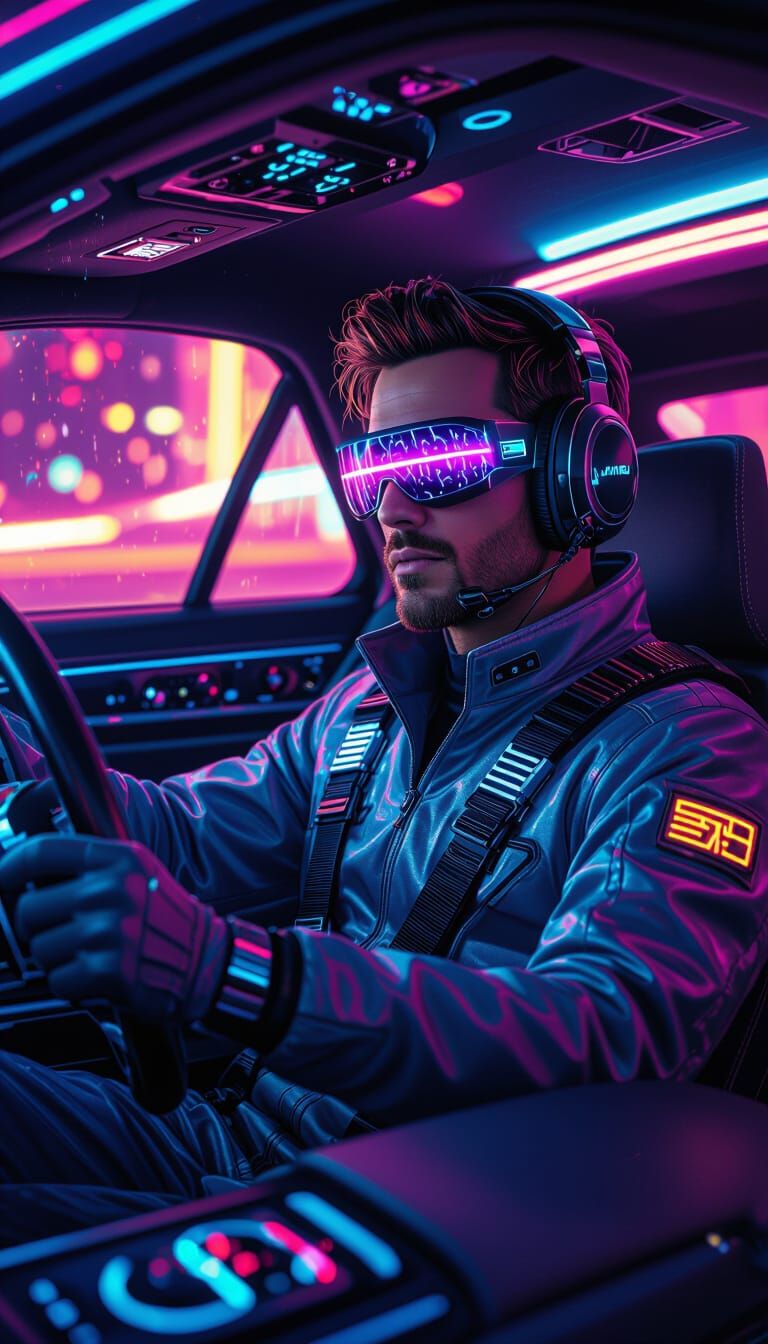 Futuristic Driver Adjusting Radio Volume in Splash Art Style