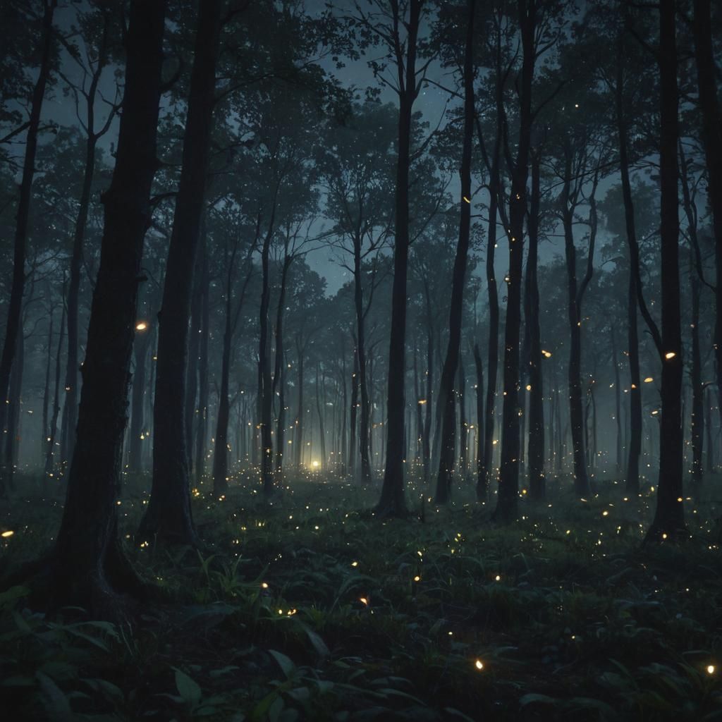 Mystical Moonlit Forest with Fireflies at Night