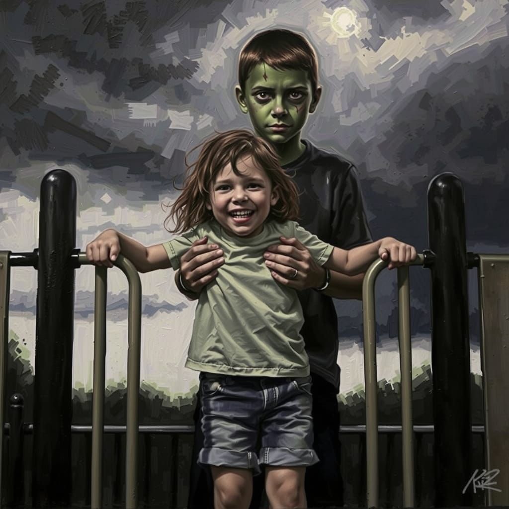 Monochromatic Oil Painting of Children on Monkey Bars