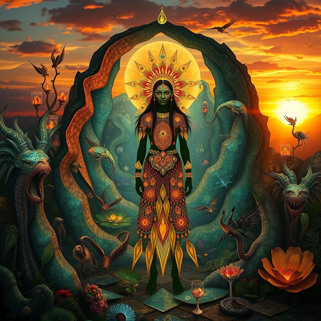 Mystical Shaman in Labyrinthine Dreamscape with Bioluminesce...