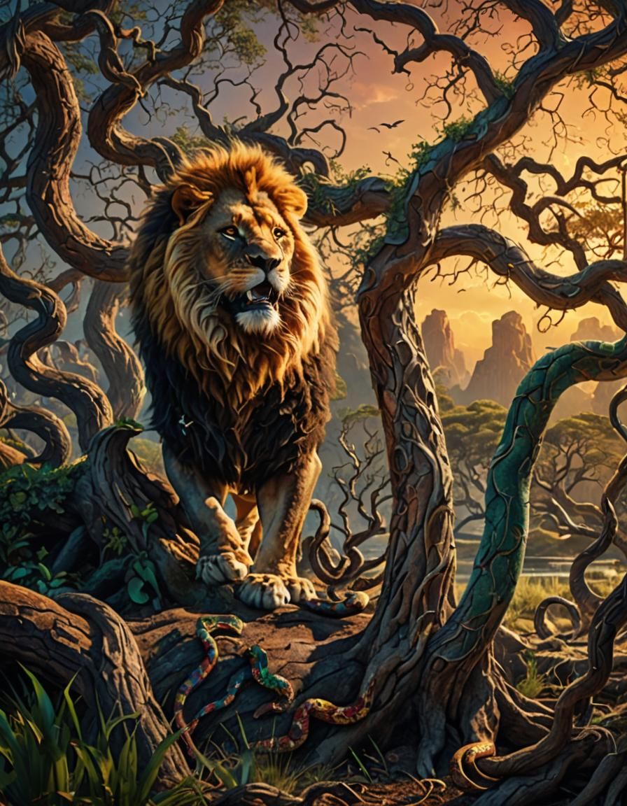 Lion Amidst Snakes, Fantastical Matte Painting