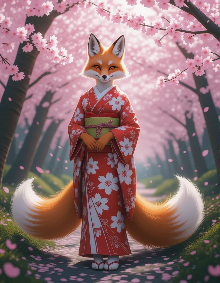 Photorealistic Kitsune in Cherry Blossom Forest