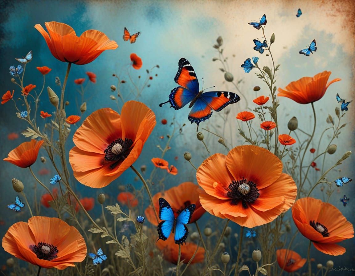 Whimsical Butterflies and Poppies in Digital Art