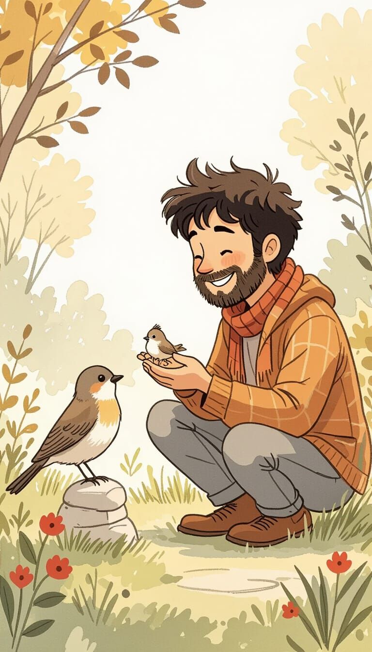 Serene Bird Feeding Scene in Whimsical Style