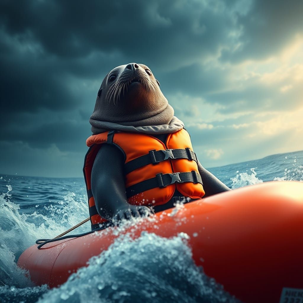 Sea Lion on Inflatable Boat: Digital Matte Painting
