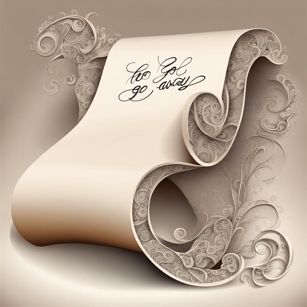 The words go away signed at the bottom of an old-fashioned letter written on a scroll in a loopy fancy cursive font