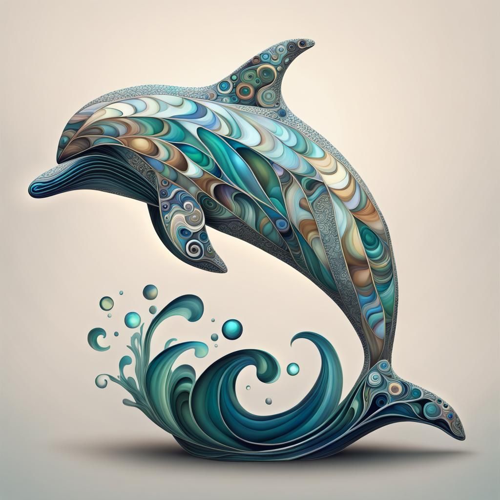 Abalone Mosaic Dolphin Sculpture in Swirling Waves