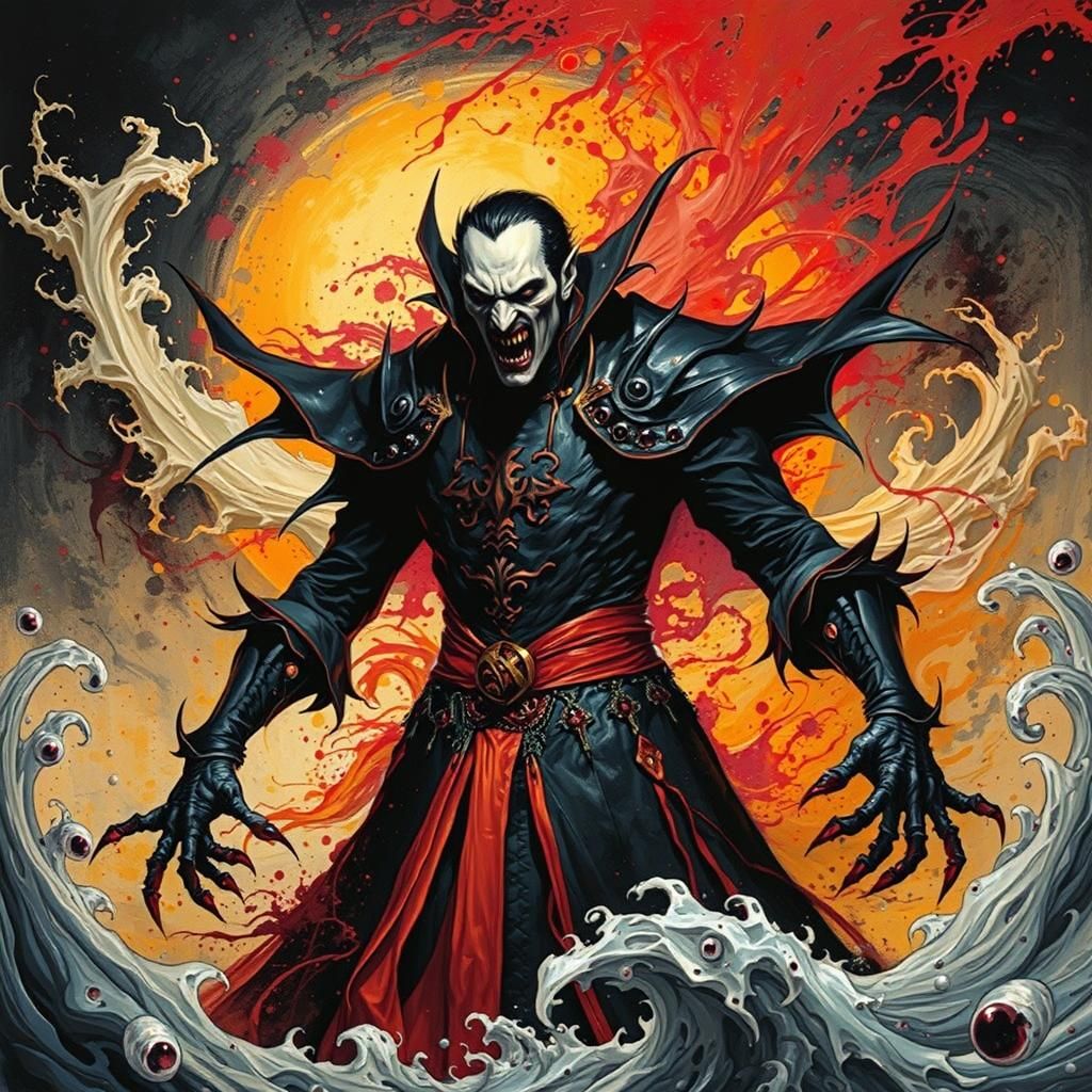 Dramatic Dracula Shadow in Liquid Ink Splatter Style