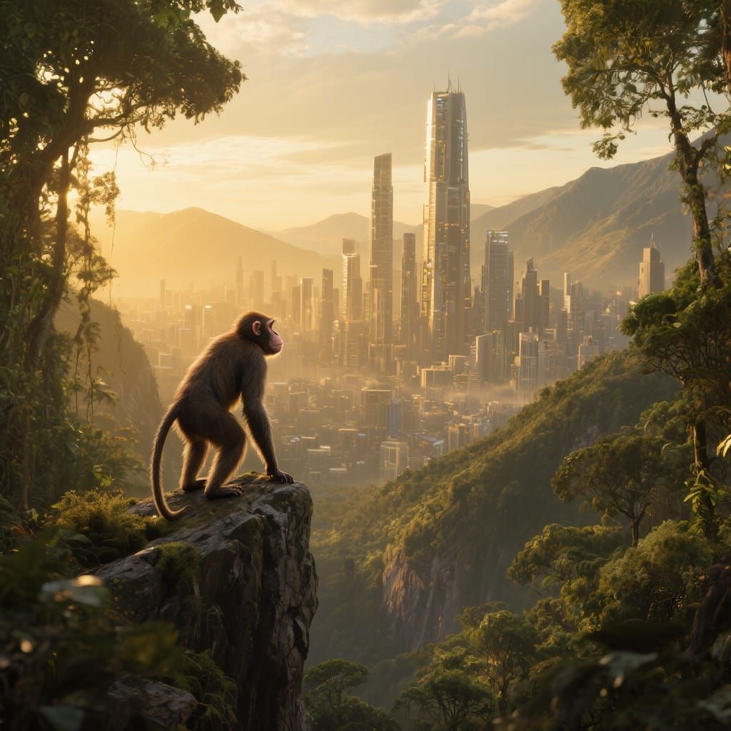 Monkey Gazes at Futuristic Cityscape in Digital Art Style