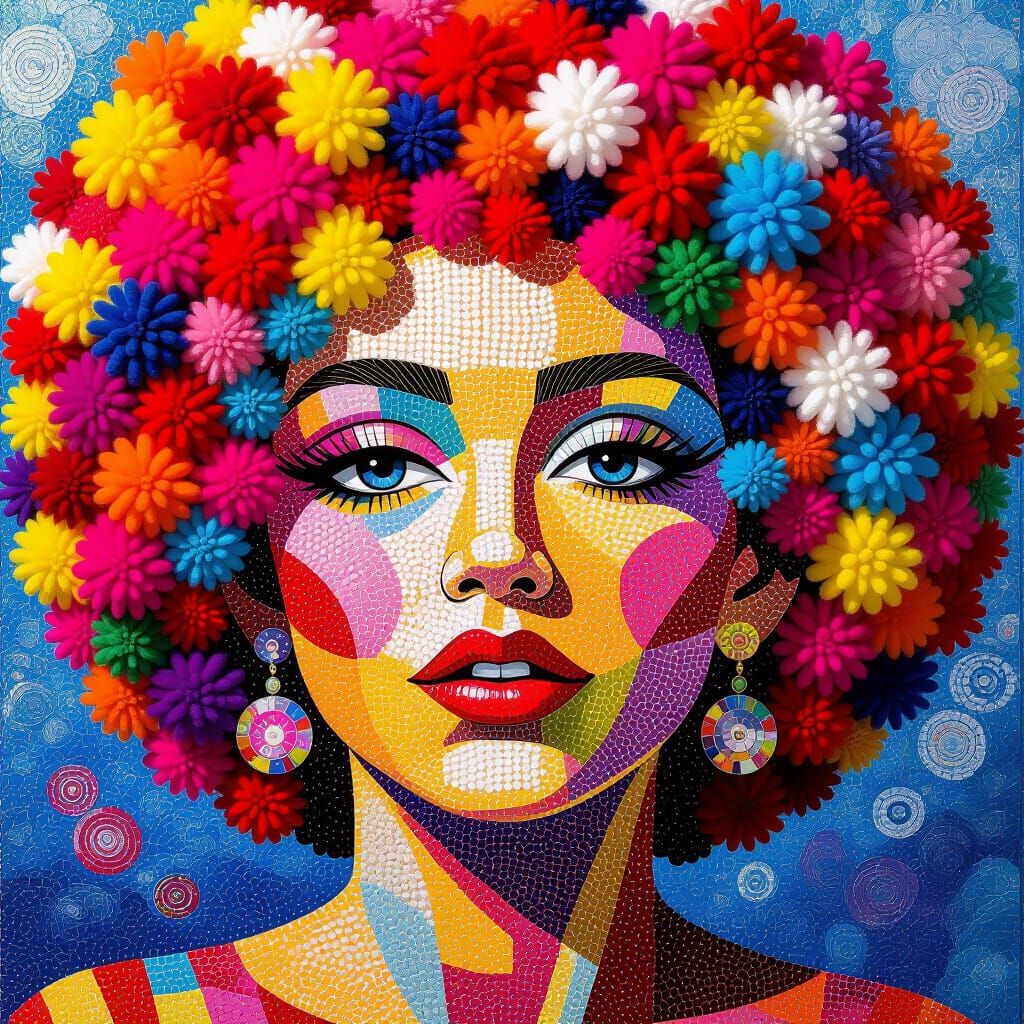 Colorful Pom Pom Mosaic Portrait in Pop Art Style