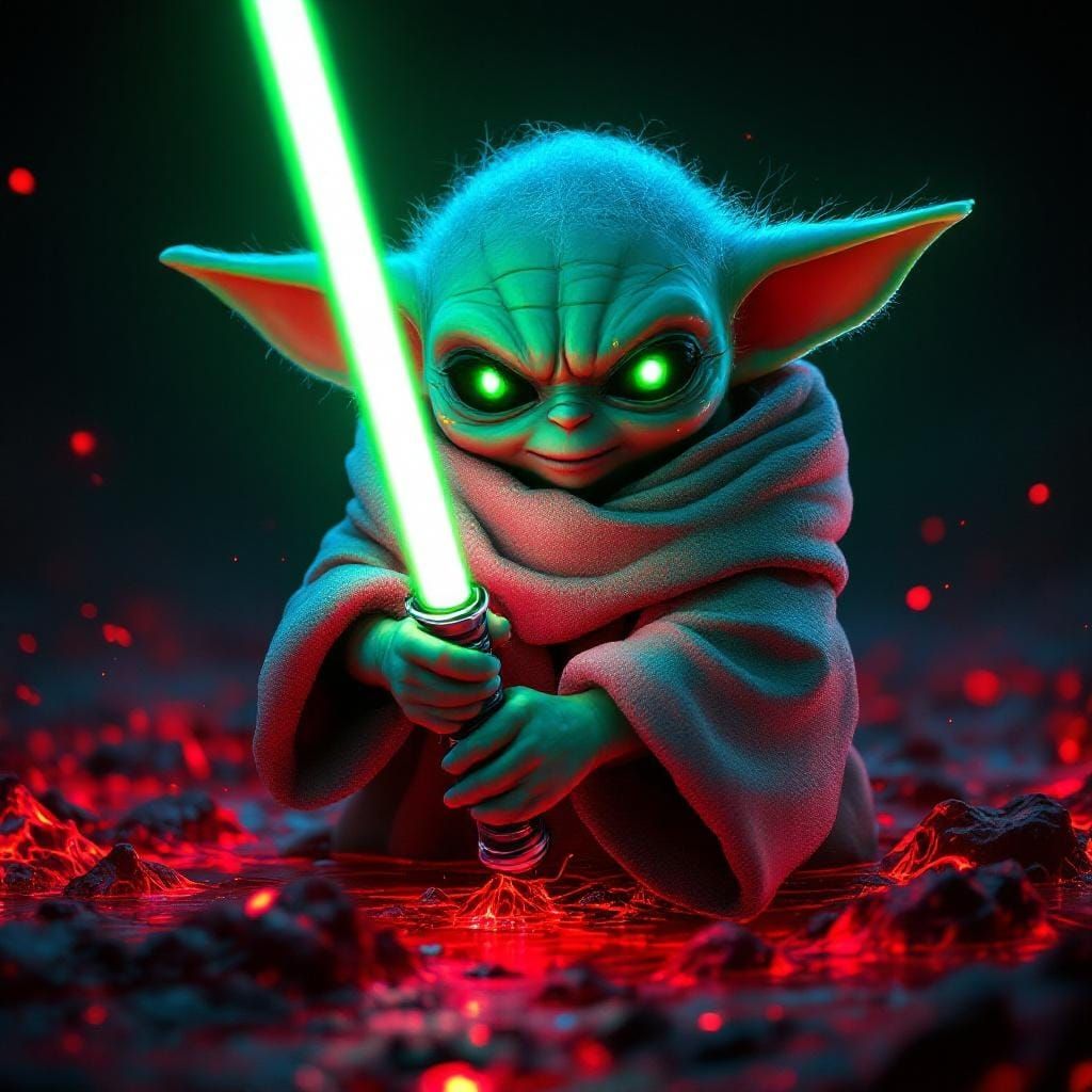 Baby Yoda Wields Lightsaber in Synthwave Style