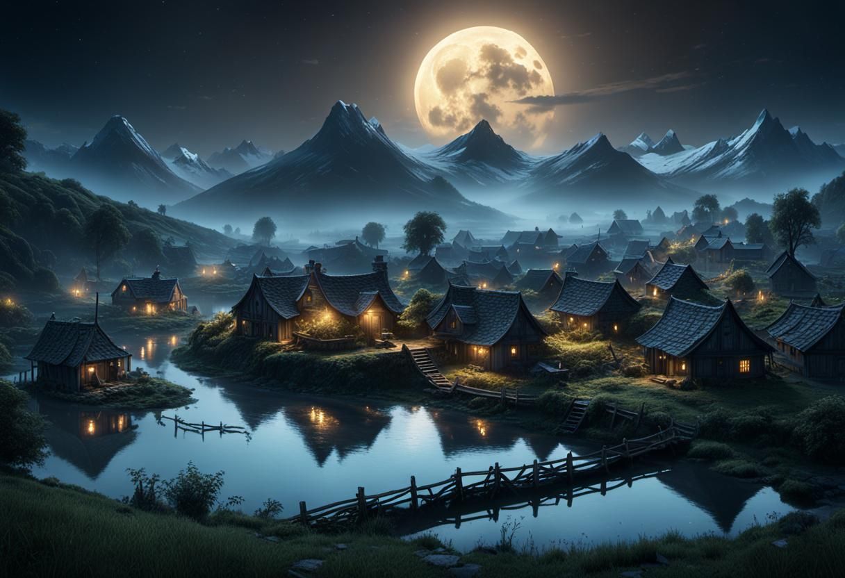 Moonlit Countryside Village in Dark Fantasy Style