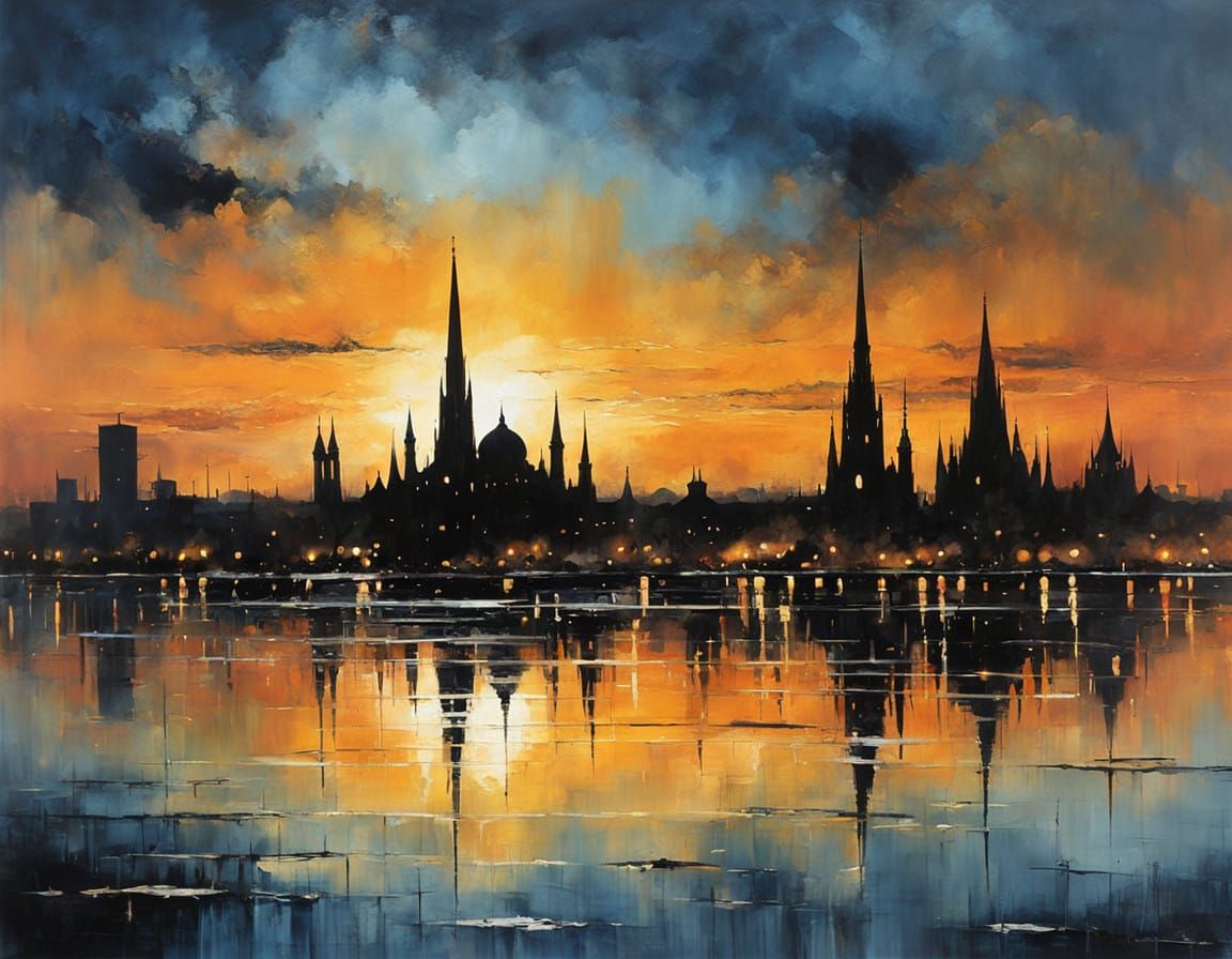 Ancient Metropolis Reflected in Serene Lake at Sunset