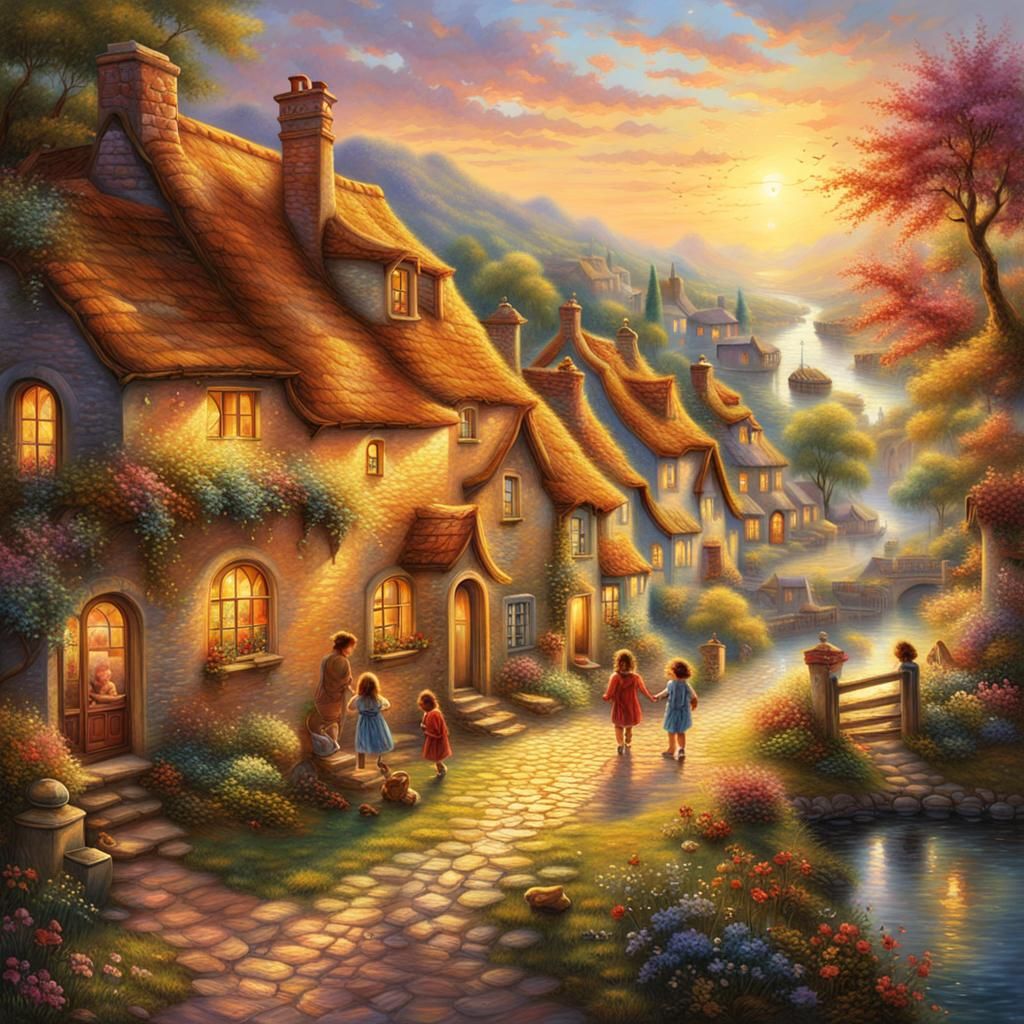 Colourful sunny village children playing a masterpiece digital painting Serene Golden hour Hyperdetailed intricate cinem...