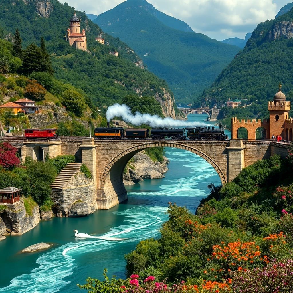 Majestic Locomotives Cross Ancient Stone Bridge in Mystic Va...