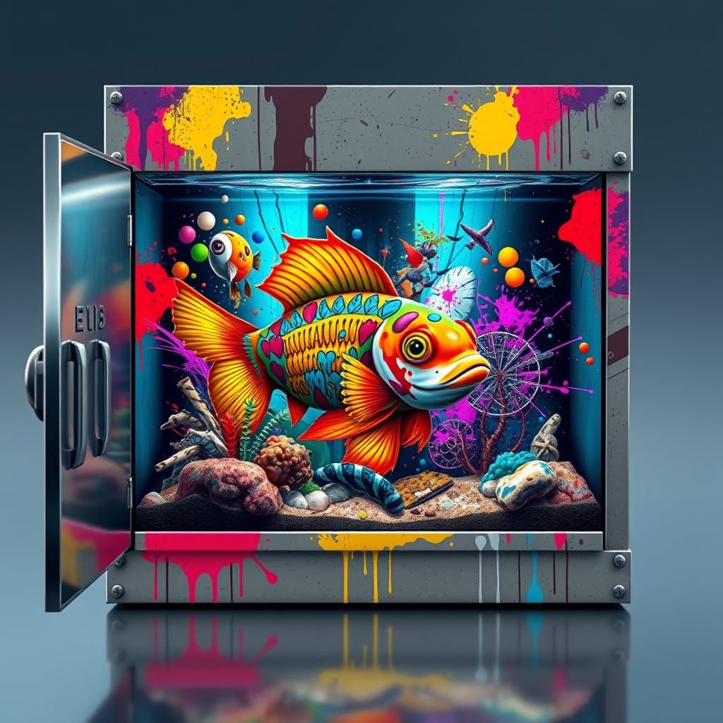 Graffiti Art Saltwater Fish Tank with Metallic Door