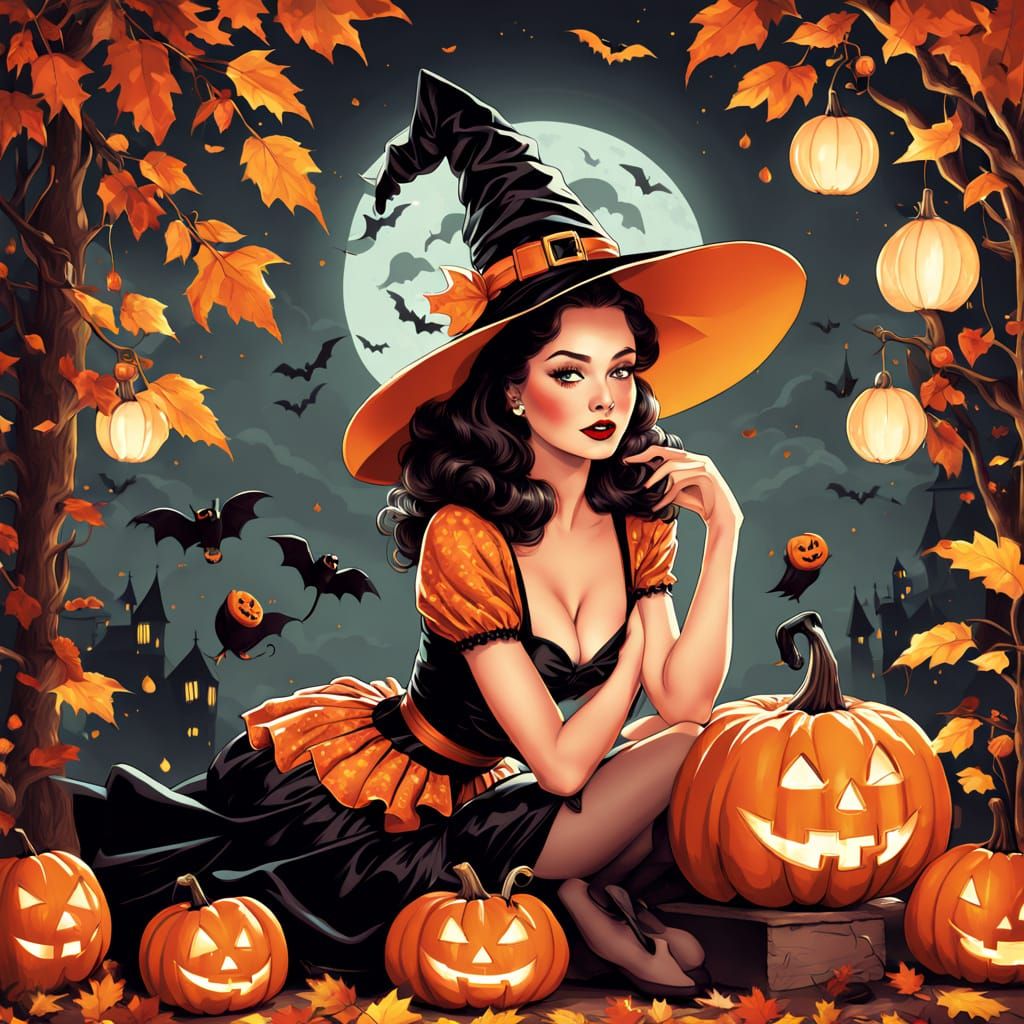 Retro Halloween Pin-Up Girl in Whimsical Autumn Scene