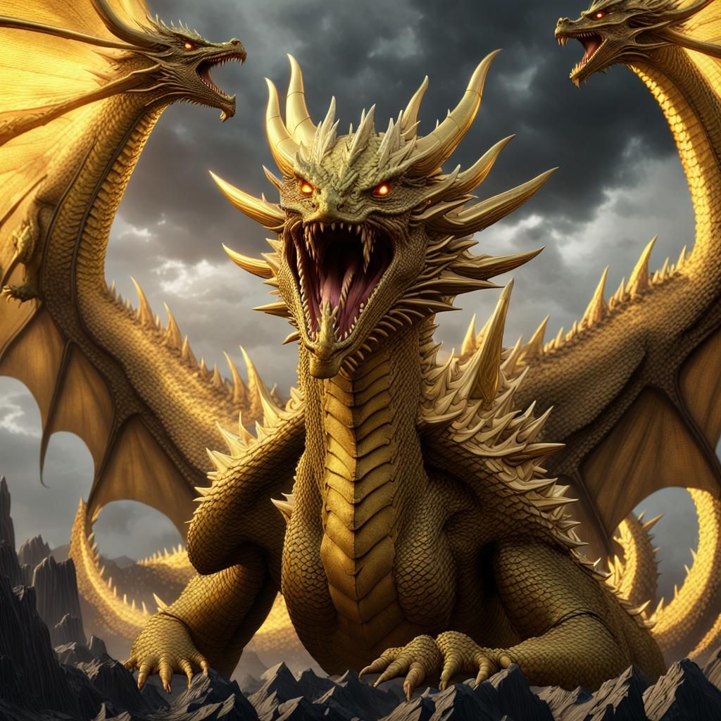 King Ghidorah Roaring: Dark Fantasy Concept Art