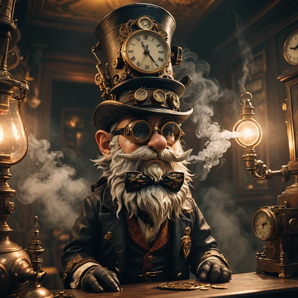 Steampunk Gnome Inspects Timepiece in Victorian Setting