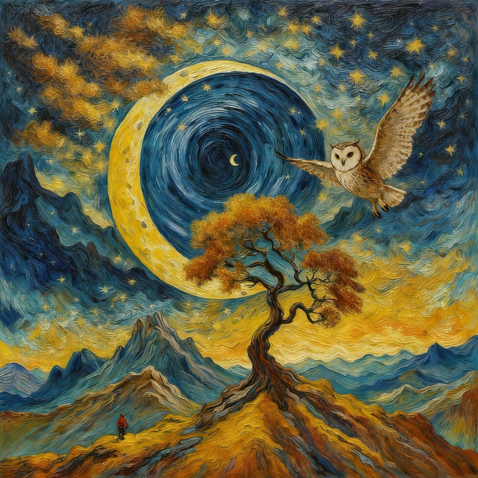 Majestic Mountain Night Sky with Ancient Tree