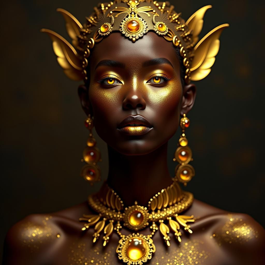 Golden Goddess Portrait in Futuristic Art Nouveau Style
