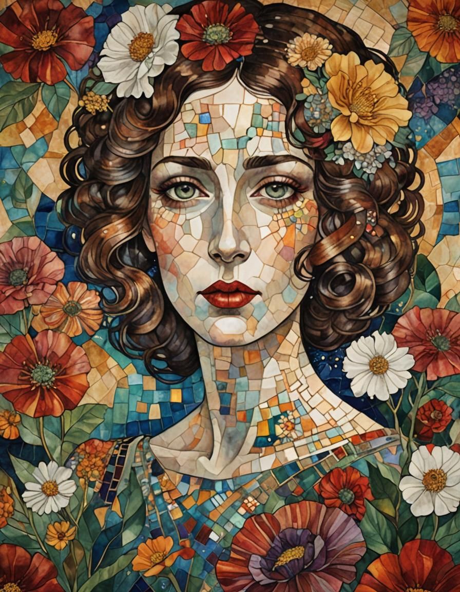 Art Deco Portrait with Iridescent Stone Texture