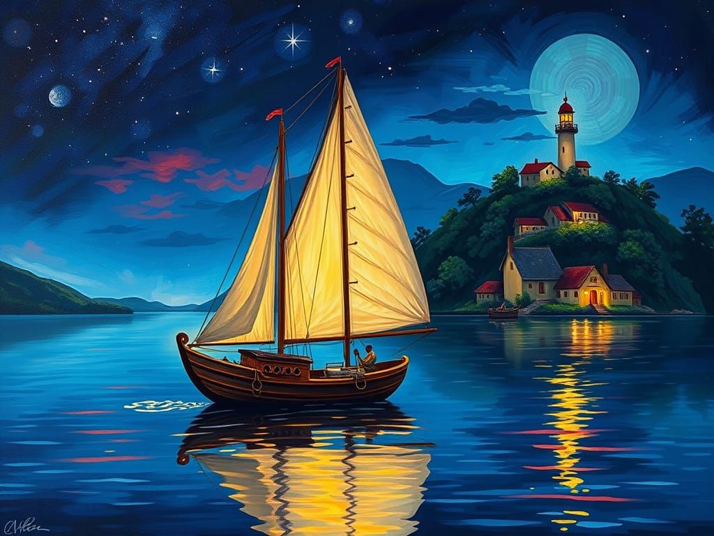 Night Sailboat Scene with Impasto Painting Techniques