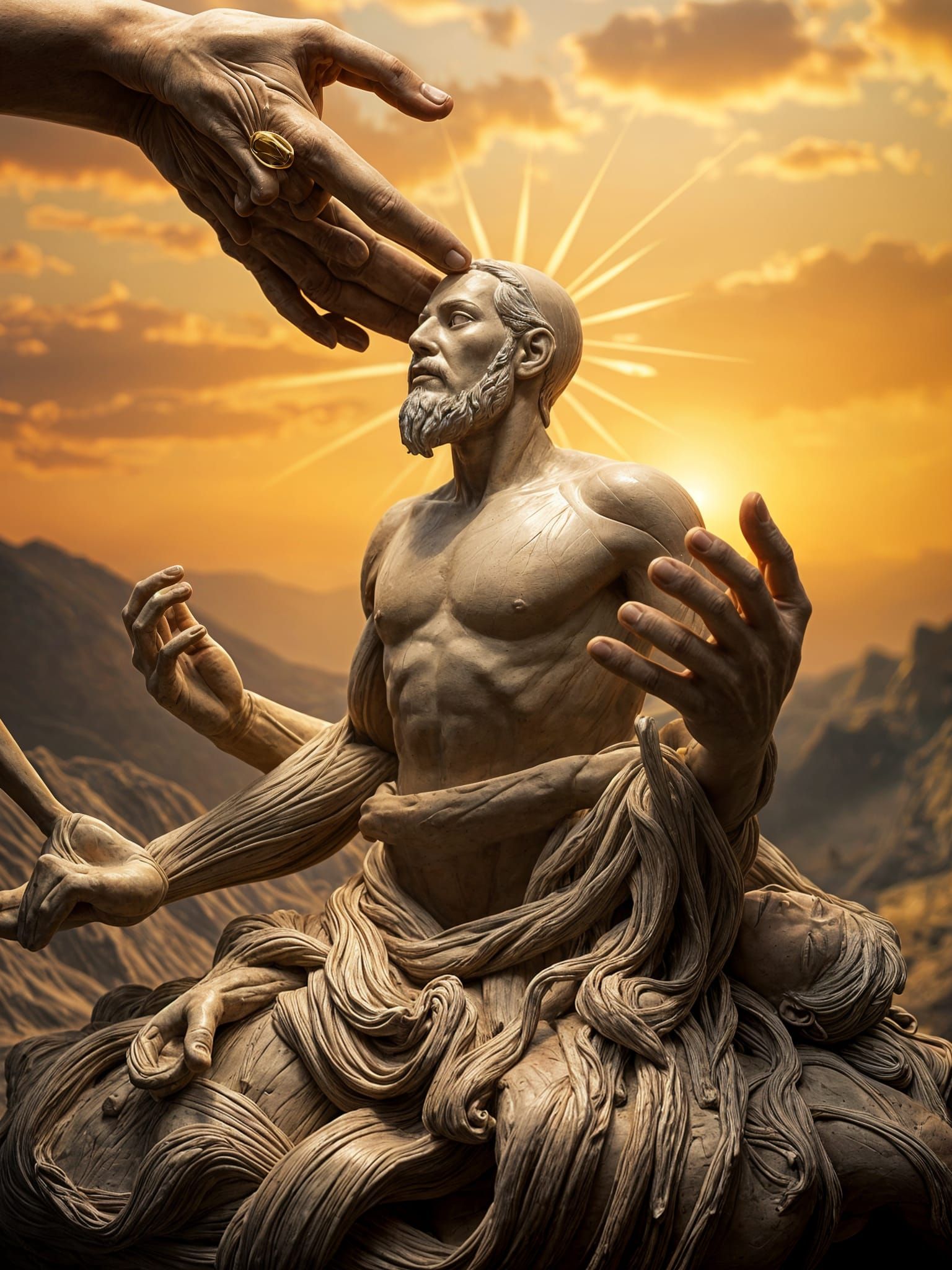 Surrealist Sculpture of Birth by Divine Hands in Golden Ligh...