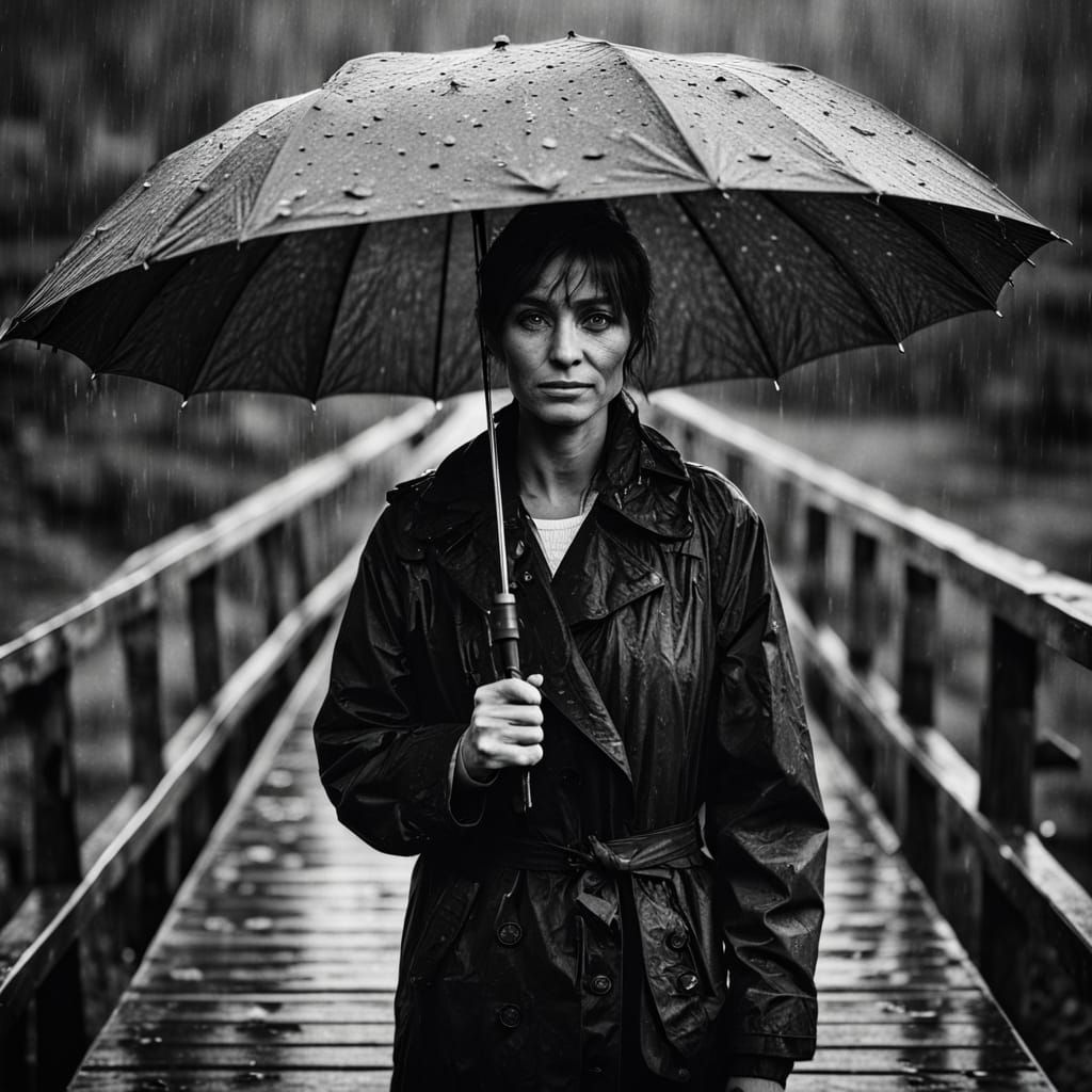 Woman With Umbrella on Wet Bridge in Autumn Rain