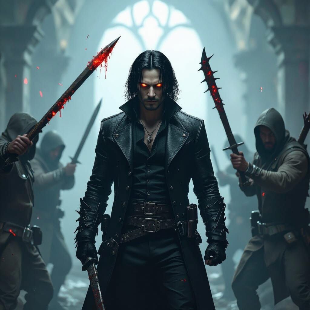 Cinematic Gothic Hunters Surround Shadowed Figure