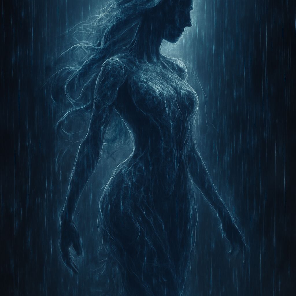 Ethereal Rain Goddess Silhouetted in Dark Fantasy Artwork