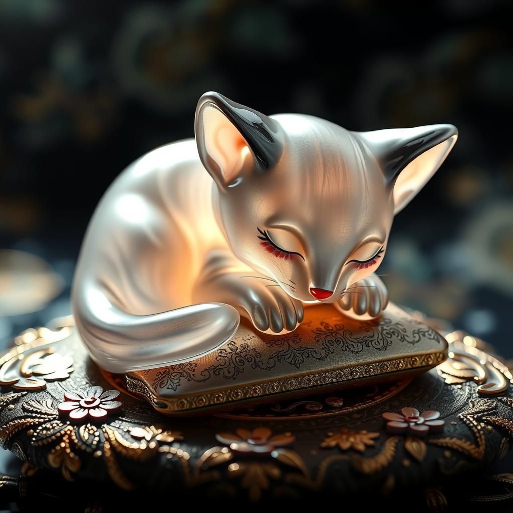 Glass Kitten Figurine with Luminous Metallic Finish