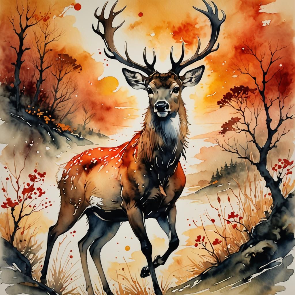 Deer Leaping in Watercolor with Metallic Accents