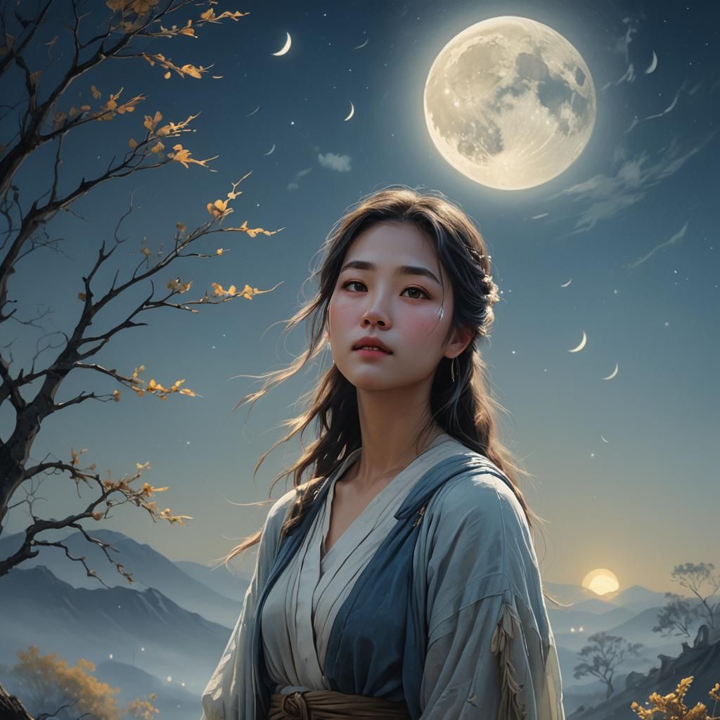Ethereal Girl Under Moon: Magical Realism Concept Art