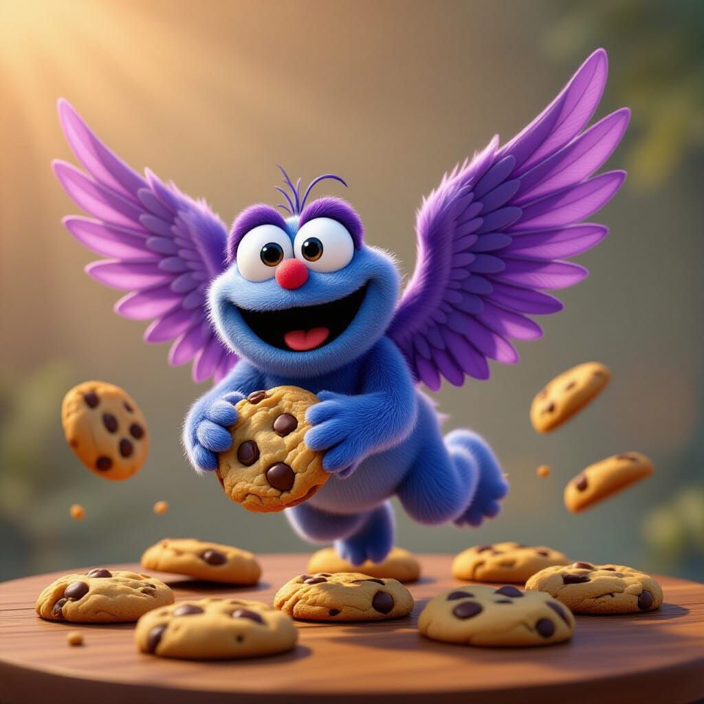 Pixar-Style Cookie Monster with Royal Purple Wings Flies Ove...