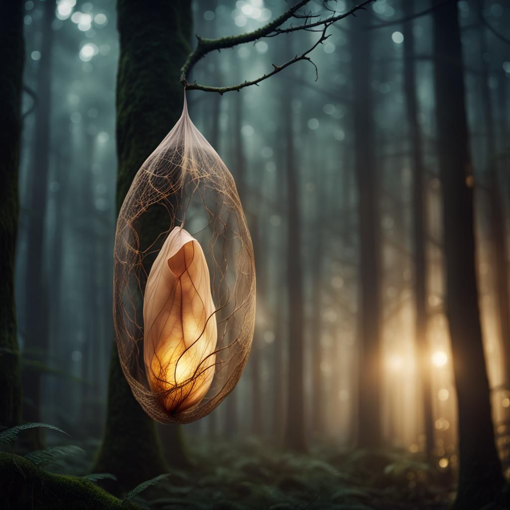 Ethereal Cocoon in Misty Forest: Hyperrealistic Macro
